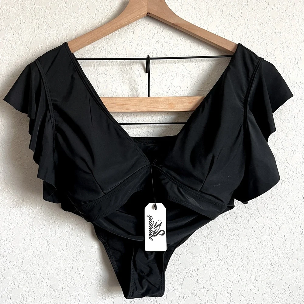 Sporlike Two Piece Swimsuit Ruffle Sleeve High Waist Black NWT L